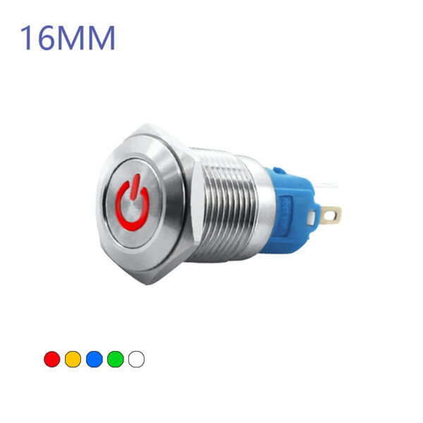 16MM Waterproof Self-resetting Momentary Metal Push Button Switch Flat Head with Power Symbol LED