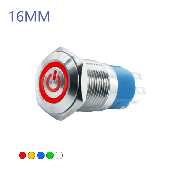 16MM Waterproof Self-resetting Momentary Metal Push Button Switch Flat Head with Power Symbol Ring LED