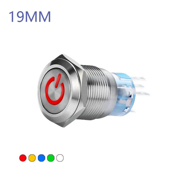 19MM Waterproof Self-resetting Momentary Metal Push Button Switch Flat Head with Power Symbol LED