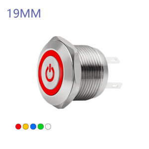 19MM Waterproof Self-resetting Momentary Metal Push Button Switch Flat Head with Power Symbol Ring LED