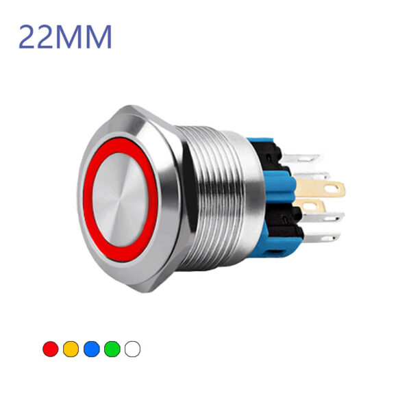 22MM Waterproof Self-locking Latching Metal Push Button Switch Flat Head with Ring LED