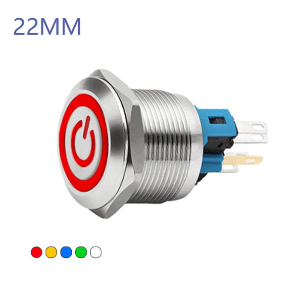 22MM Waterproof Self-resetting Momentary Metal Push Button Switch Flat Head with Power Symbol Ring LED